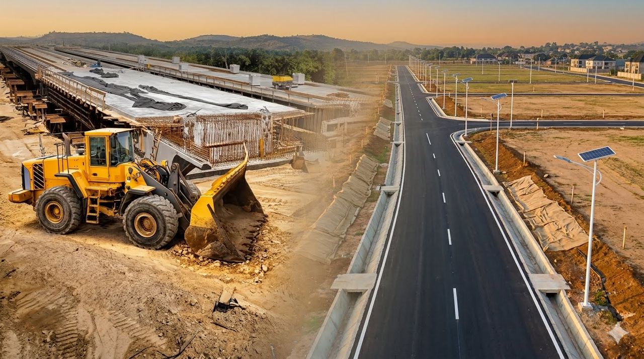 Doliz Brown site works: bridge construction and a newly paved estate road with solar street lighting in Abuja
